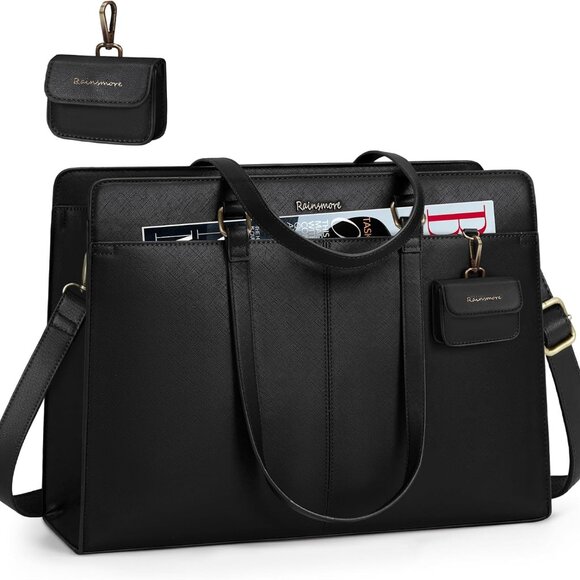 Handbags - Elegant Black 15.6 Inch Waterproof Leather Women's Laptop Tote with Multiple Poc